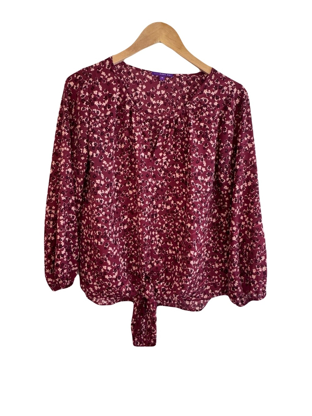 West Kei Burgundy Floral Tie-Front Blouse 3/4 Length Sleeve Size M